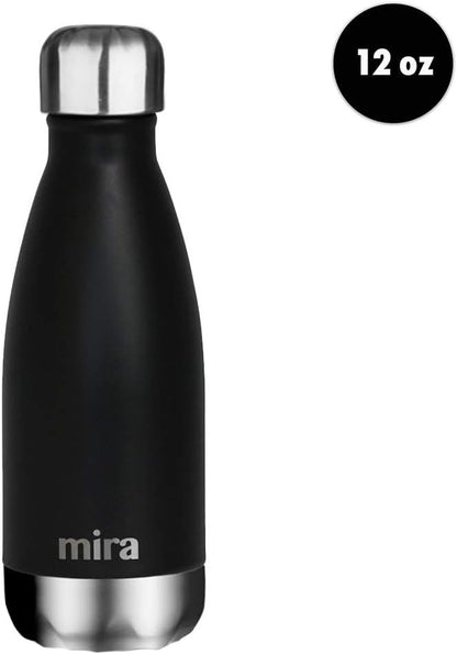 12 Oz Insulated Water Bottle - Slim Stainless Steel Cola Shape Thermo - Double Wall Hot & Cold Flask (24Hr Cold/12Hr Hot) - Black